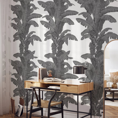 Banana Tree Wallpaper, Monochrome Grey Tropical Jungle