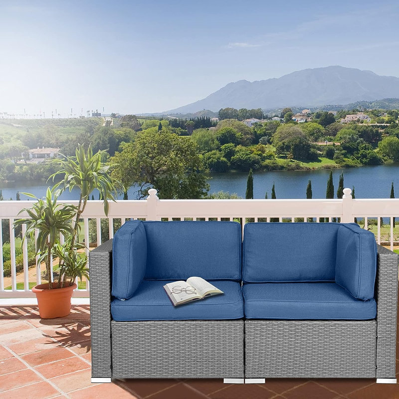 Rister 59'' Wide Wicker with Cushions, Denim Blue