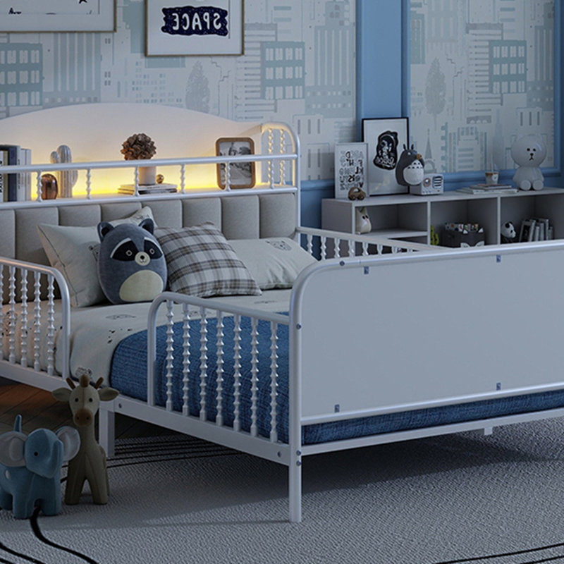 Structure de lit plateforme pleine grandeur en métal avec lumière, lit double en métal pour enfants avec tête de lit tapissier et rangement, (date d’arrivée prévue 2025/10/5)