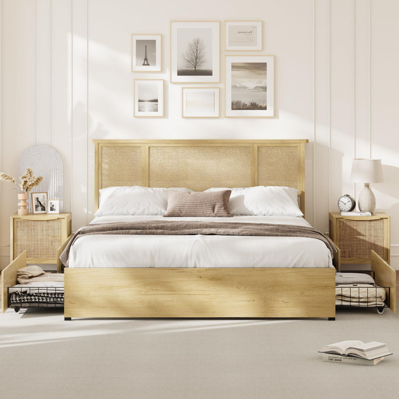 Bed Frame With Natural Rattan Headboard, 4 Storage Drawers, Queen