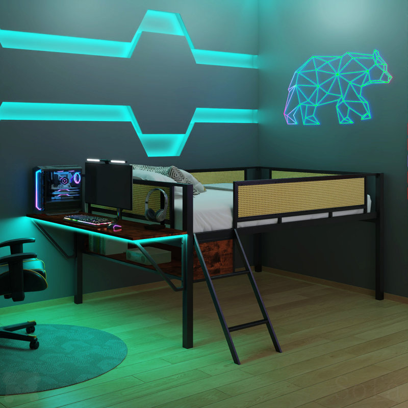 Lit mezzanine en métal avec bureau rectangulaire, lit double mezzanine avec tablettes de rangement, garde de sécurité et échelle