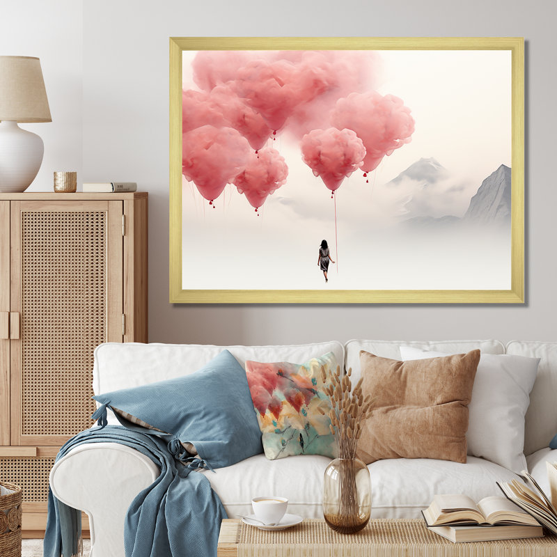 «Rose and White Air Balloon Solitude I», art mural abstrait, Cadre flottant doré, H 16 po x l 32 po x P 1 po