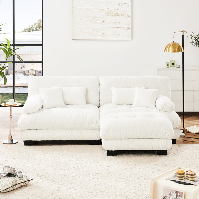 Couchette de salon en chenille - 2 places avec coussins lombaires, jeté convertible, blanc pour la décoration intérieure avec un design chic