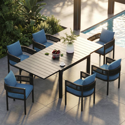 Ensemble de salle à manger 7 pièces en osier avec table extensible en acier