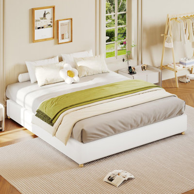 Minimalist Cloud Bed Frame King Size - Corduroy Upholstered, Low Platform, Solidified Wood Round Legs, No Headboard, No Box Spring Needed, Quiet & Easy Assembly, White Corduroy