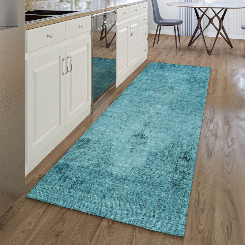 Premium Machine Washable Kiyondrea Blue Rug, Runner 2'3" x 7'6"