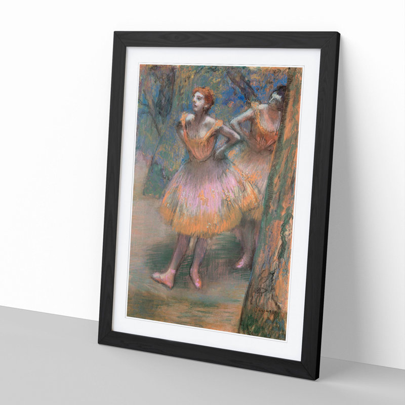 Two Ballet Ballerina Dancers in Pink and Orange by Edgar Degas - Framed Print, 65cm H x 48cm W x 2cm D, Black Framed