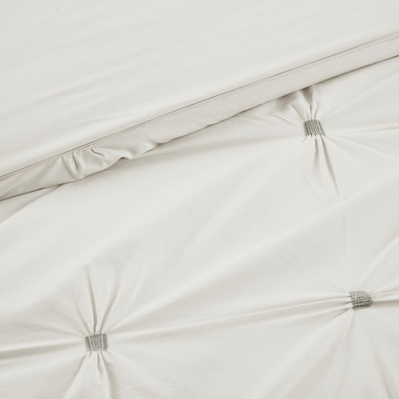 Elastic Embroidered Cotton Comforter Set, White, Full/Queen Comforter + 2 Shams
