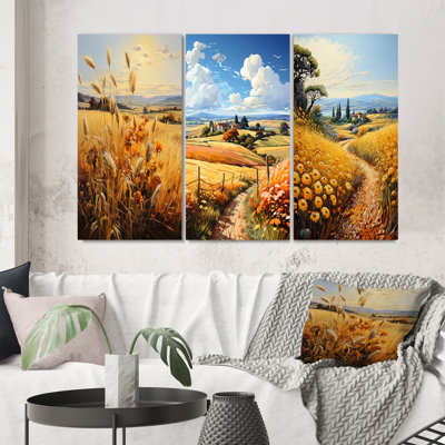 "Champ français de tournesols en Normandie II", 3 pièces sur toile