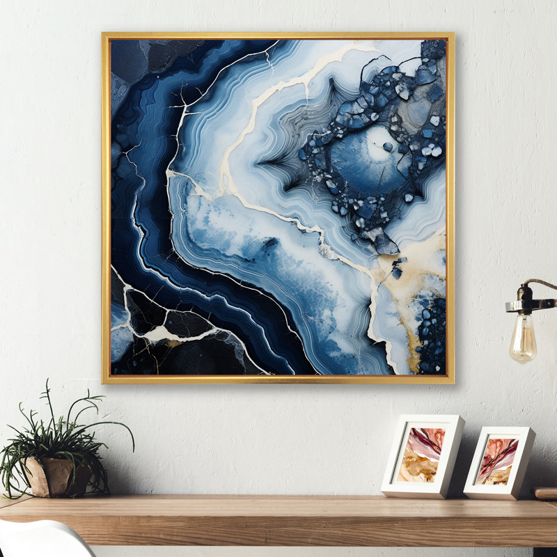 Blue Stone Geode, reproduction d'art sur toile, Cadre flottant doré, 16" H x 16" W
