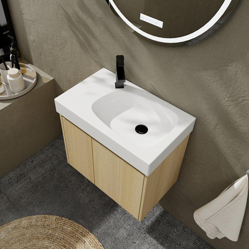 Meuble-lavabo de salle de bain 24 po avec lavabo en céramique mural 24 po, armoire de rangement en bois à double porte, chêne contemporain 24 po pour salle de bain,