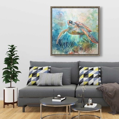 Tortue, toile encadrée turquoise