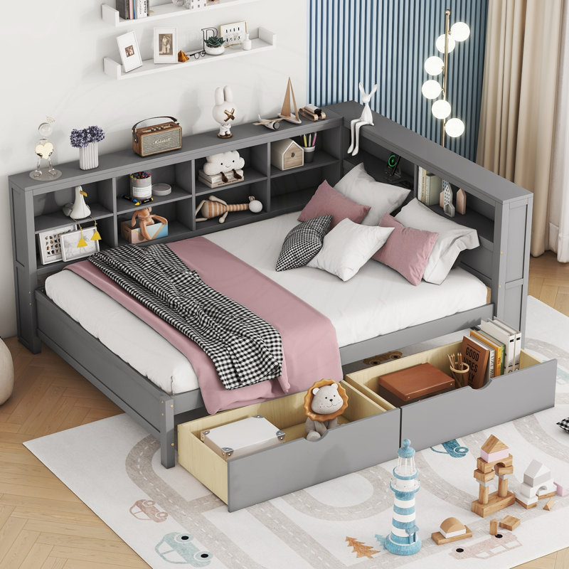 Wooden Full Daybed with Drawers, Storage, and USB Charging, Gray, Full