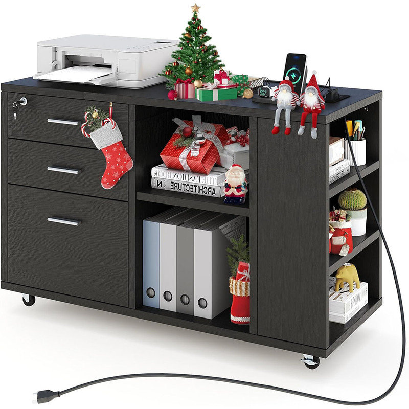 Black Wood Mobile Lateral Filing Cabinet with Lock and Charging Station
