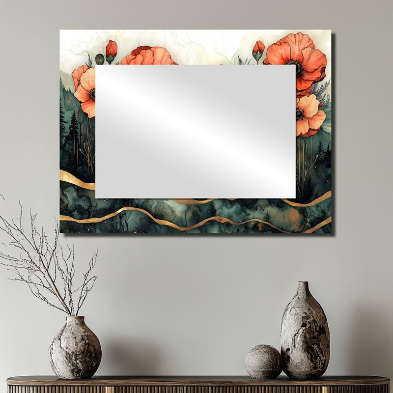 Coquelicots fleurs sur un dessus de pierres émeraude II - miroir décoratif traditionnel, 24" x 32"