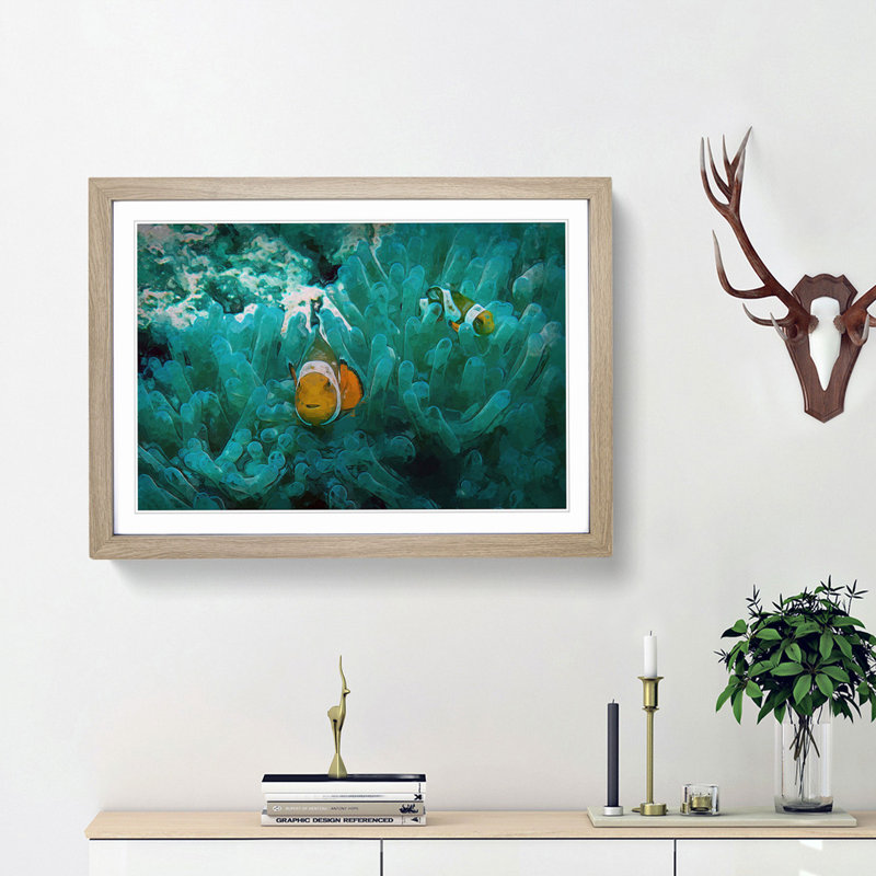 Clownfish and Sea Anemone in Abstract - Picture Frame Graphic Art Print, Oak Framed, 36cm H x 48cm W x 2cm D