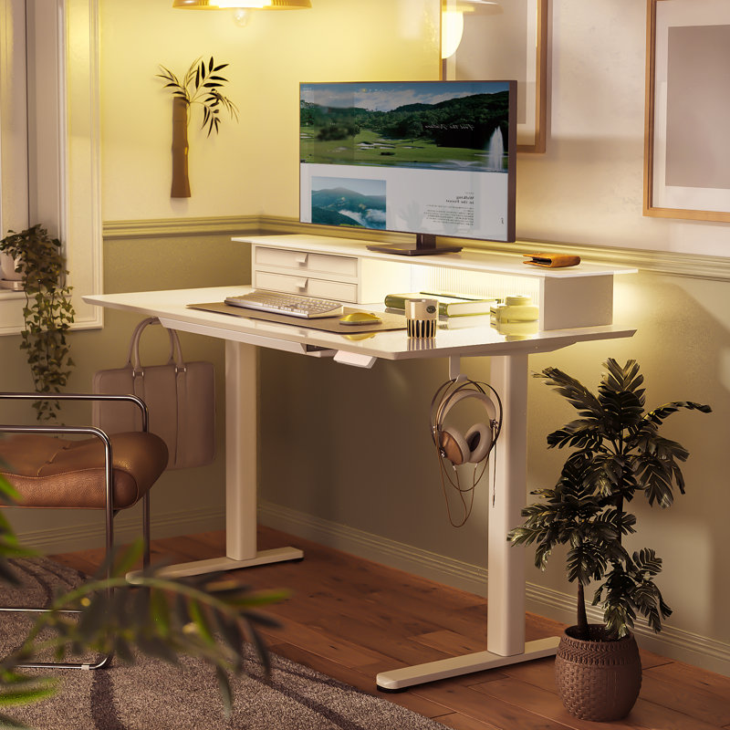 Bureau debout en verre trempé l 48 po avec ports USB et DEL, Blanc