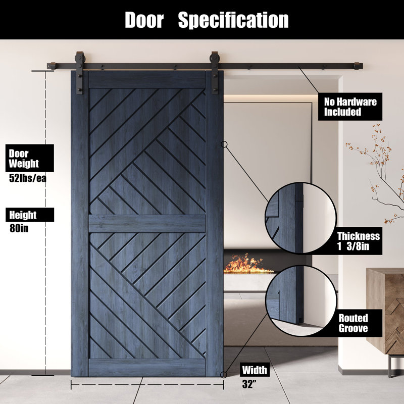 Porte de grange en bois de pin fini et non assemblé Homacer Design géométrique (usage intérieur seulement), 32 po x 80 po