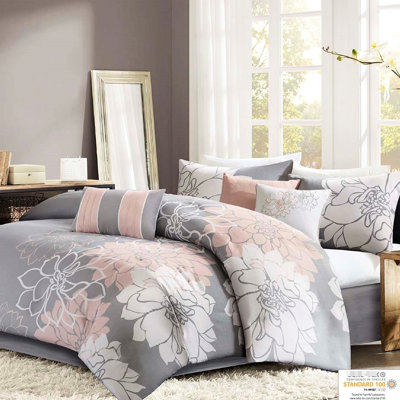 Édredon gris / pêche simple / simple TG en coton imprimé avec 3 magnifiques coussins décoratifs et une jupe de lit