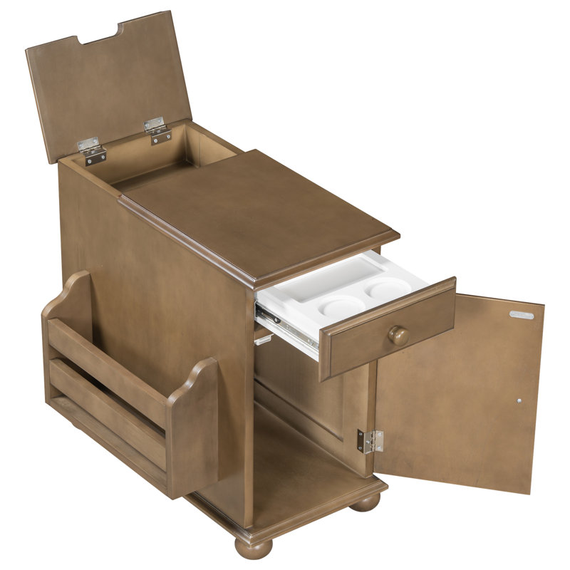 Table de bout vintage avec dessus rabattable, ports USB, tiroir avec porte-gobelets et bibliothèque | Idée de cadeau