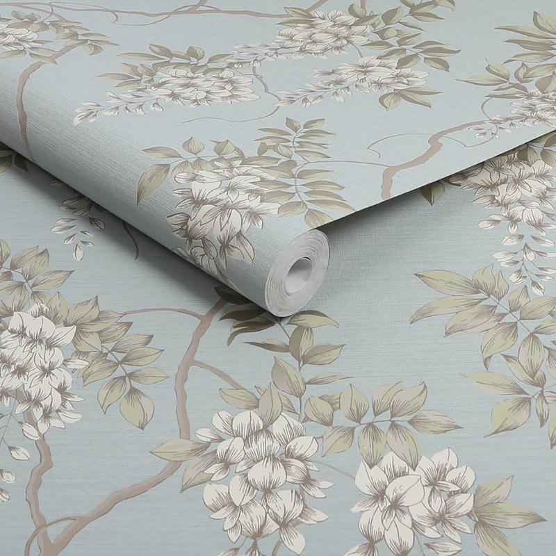 Zen Floral Metallic Wallpaper Double Roll, Duck Egg