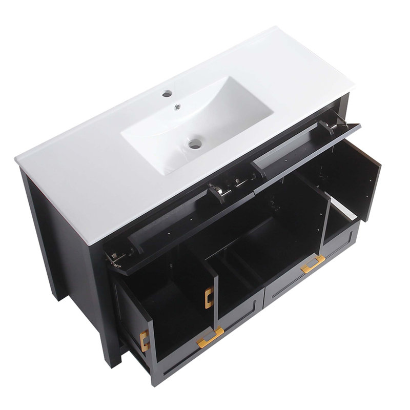 Meuble-lavabo de salle de bain avec lavabo en résine intégré et grand espace de rangement