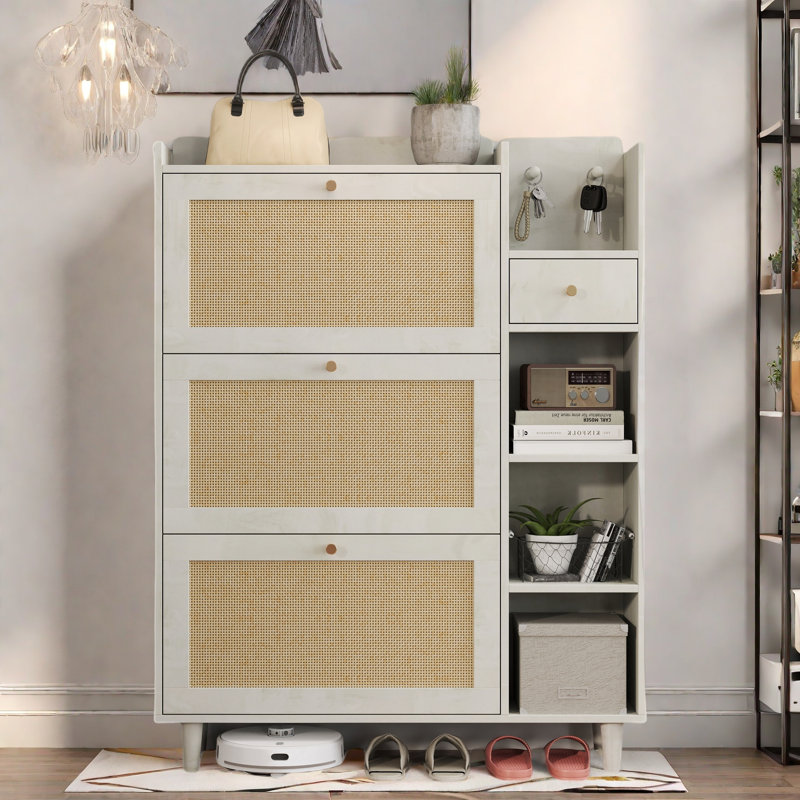 Bohemia Style Shoe Cabinet With 3 Rattan Flip Drawers, 3 Square Shelves And 1 Storage Drawer And Key Hooks, Antique White