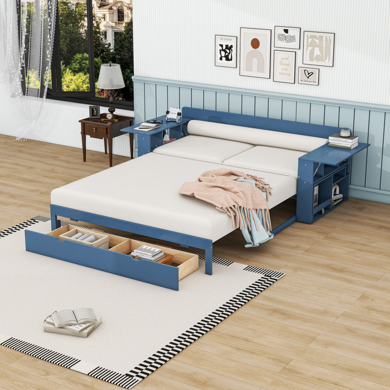 Wood Daybed with Removable Desk, Storage Drawers and Shelves, Blue, Queen