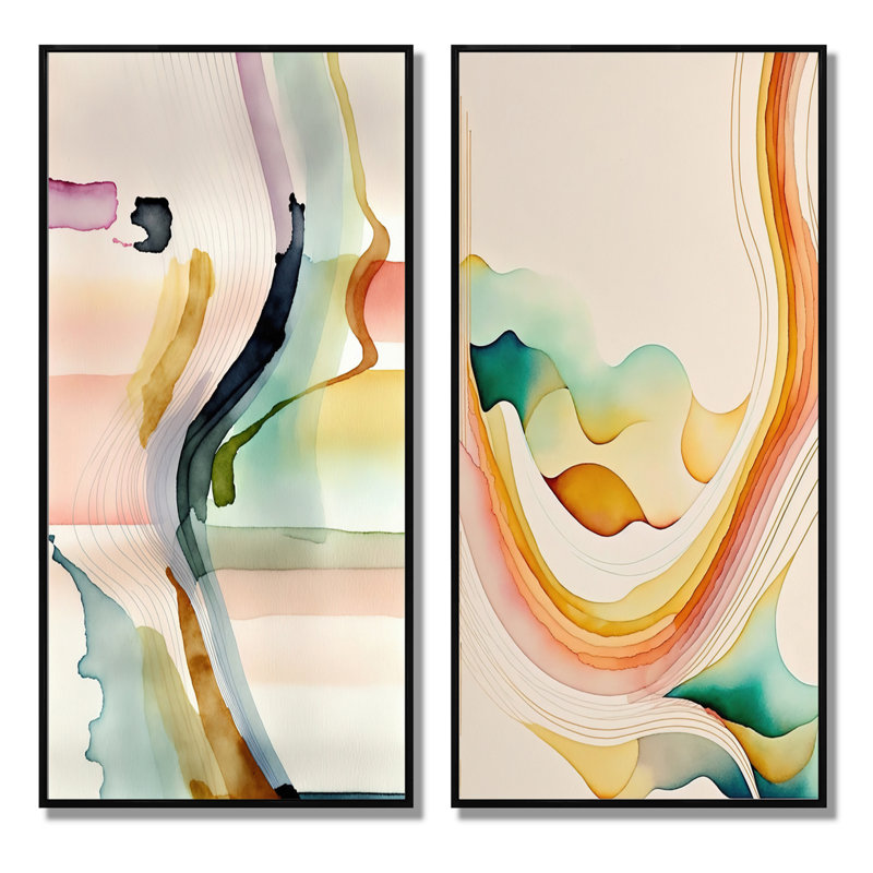 «Multi-Color Abstract Waves», 2 pièces sur toile, Cadre noir, H 32 po x l 32 po