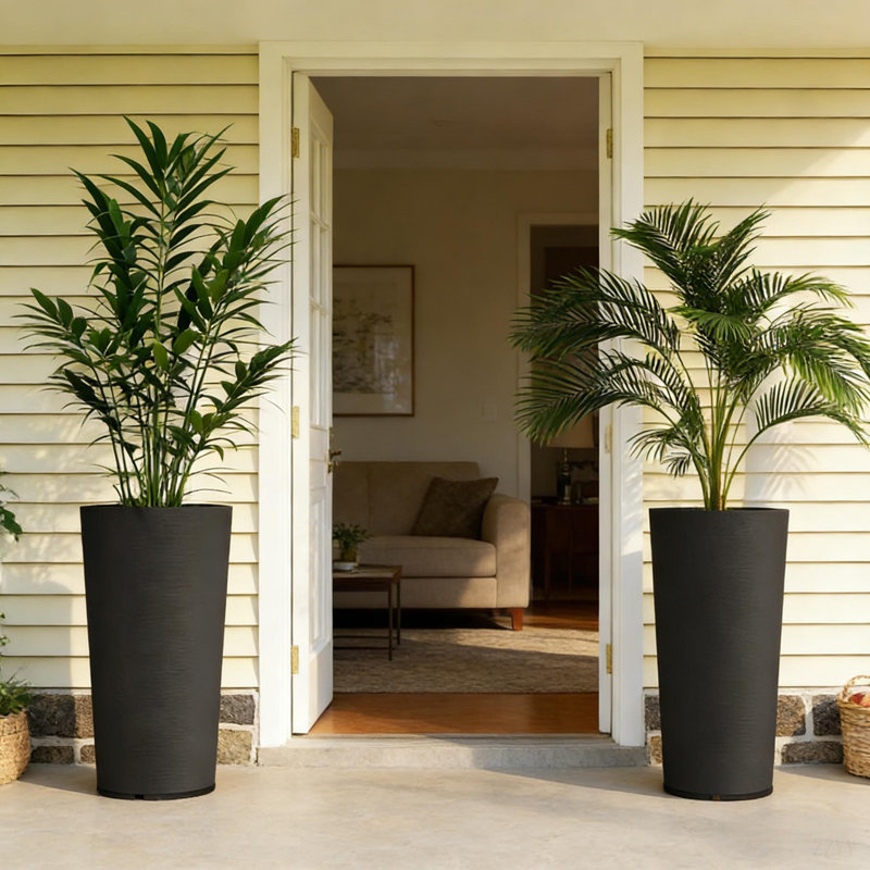 29 Inch Tall Planters for Outdoor Plants, Set of 2 Plastic Flower Pots with DIY Drainage Holes, Stackable Large Planters for Indoor Plants, Front Porch Decor, Black