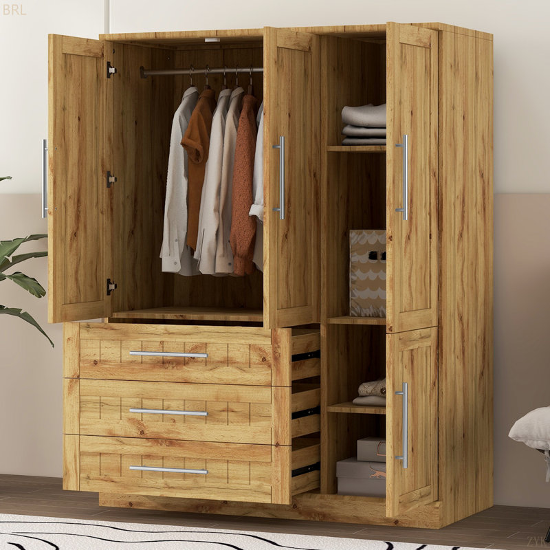 Armoire penderie 4 portes avec 3 tiroirs, naturel