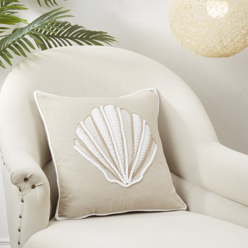 18'' Natural Cotton Embroidered Seashell Throw Pillow