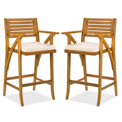  Set Of 2 Outdoor Acacia Wood Bar Stools Bar Chairs W/ Weather-Resistant Cushions