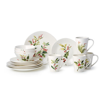 Certified International Holly And Vines Christmas Dinnerware Set – 16-piece Stoneware Service For 4 With Artist-designed Hol In Brown;white;green;red
