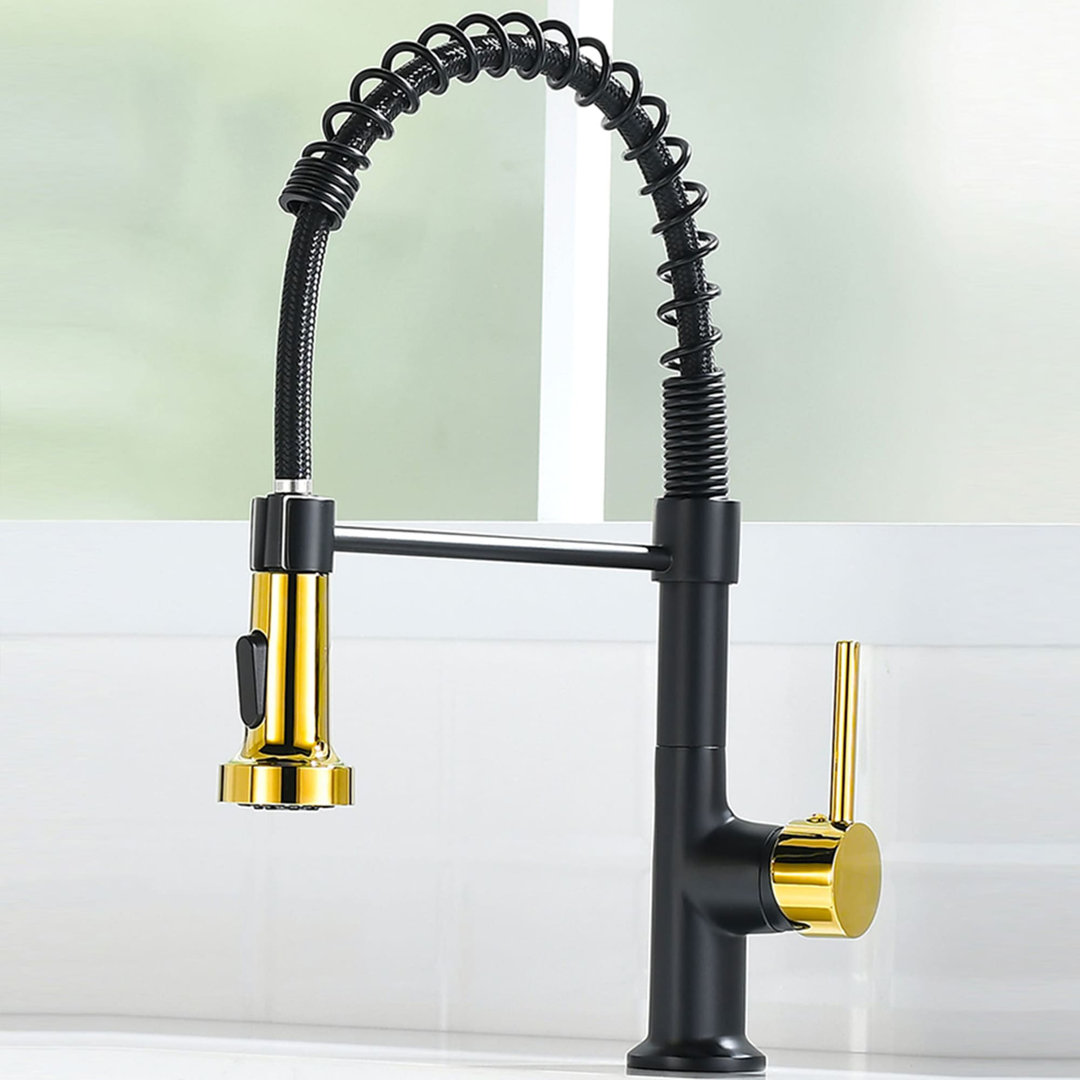 Commercial Kitchen Sink Faucet With Pull Down Sprayer Single Hole Modern Brass Kitchen Basin Vanity Faucets Single Handle High Arc Solid Brass Mixer Spring Faucets With Valve KIKO HOME 