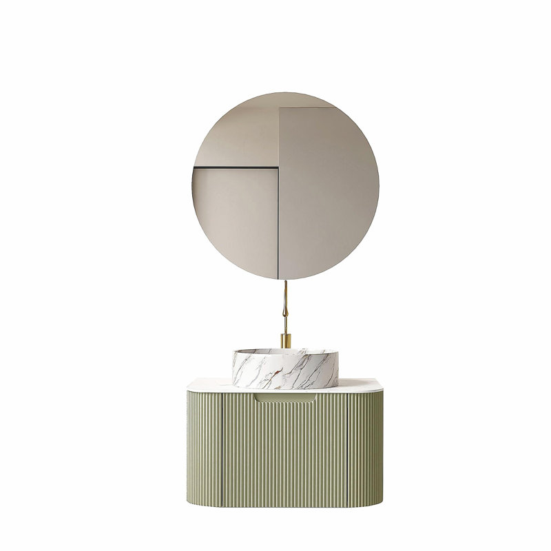 DINA 24" Bathroom Vanity with Sink, Wall-Mounted Floating Curved Edges Striped Bathroom Storage Cabinet with Drawer, White Round Ceramic Basin with Stone Pattern, Pre-assembled, Light Green Color