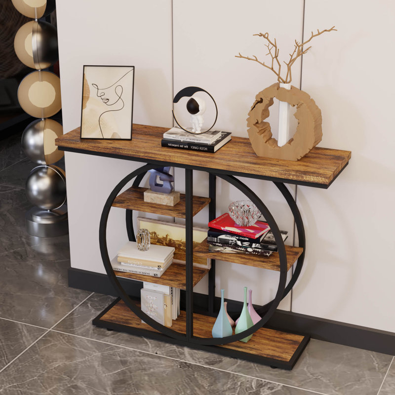 Walnut & Black 5-tier Open Back Horizontal Metal Mdf Console Shelf