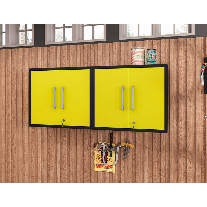 Armoire de garage flottante moderne Eiffel 28 "avec tablettes amovibles Eiffel, Noir mat / jaune