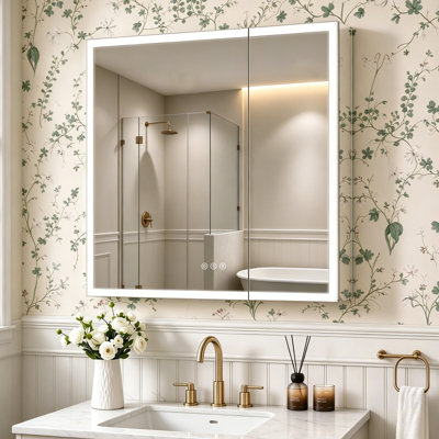 36x30 Led Medicine Cabinet Mirror for Bathroom, Full Mirror Back, ETL Listed, AL Alloy Frame, Recessed/Surface Mount, Plug-in/Hardwired, Outlet+USB+Type-C, 3 Colors/Dimmable Lighting, Inner Sensor Light, Defog, 2 Adjustable Shelves, 2 Doors