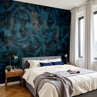 Papier peint adhésif mural bleu sarcelle victorien pelez et collez H 100 po x l 144 po, papier mural amovible en PVC, autocollant pour chambre à coucher, salon, bureau à domicile