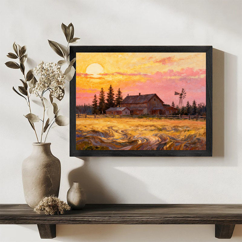 Reproduction d'art encadrée noire rétro «Le village sous le chaud coucher de soleil», H 9 po x l 11 po