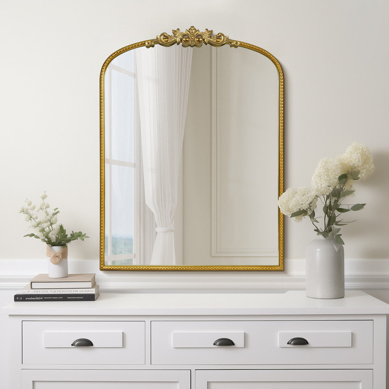 Vintage Floral Arch Iron Frame Mirror, 24" x 32", Gold