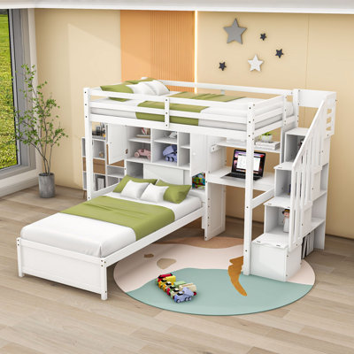 Twin Over Twin Bunk Bed Built-In Desk, Stairs And Storage Shelves