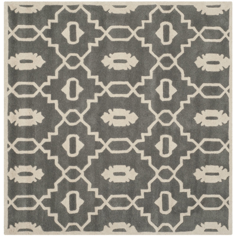Tapis gris foncé / ivoire en laine touffeté à la main Carolene, Carré 7 pi