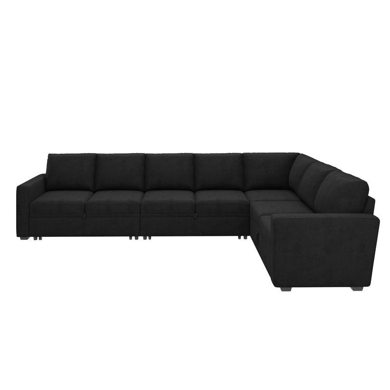 Caren L-shaped Sleeper Sectional Modular Sofa Bed With Storage Seat, Black Velvet