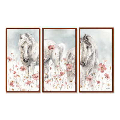 Watercolors Pink Wild Horses - ensemble d'art mural sur toile encadré traditionnel de 3
