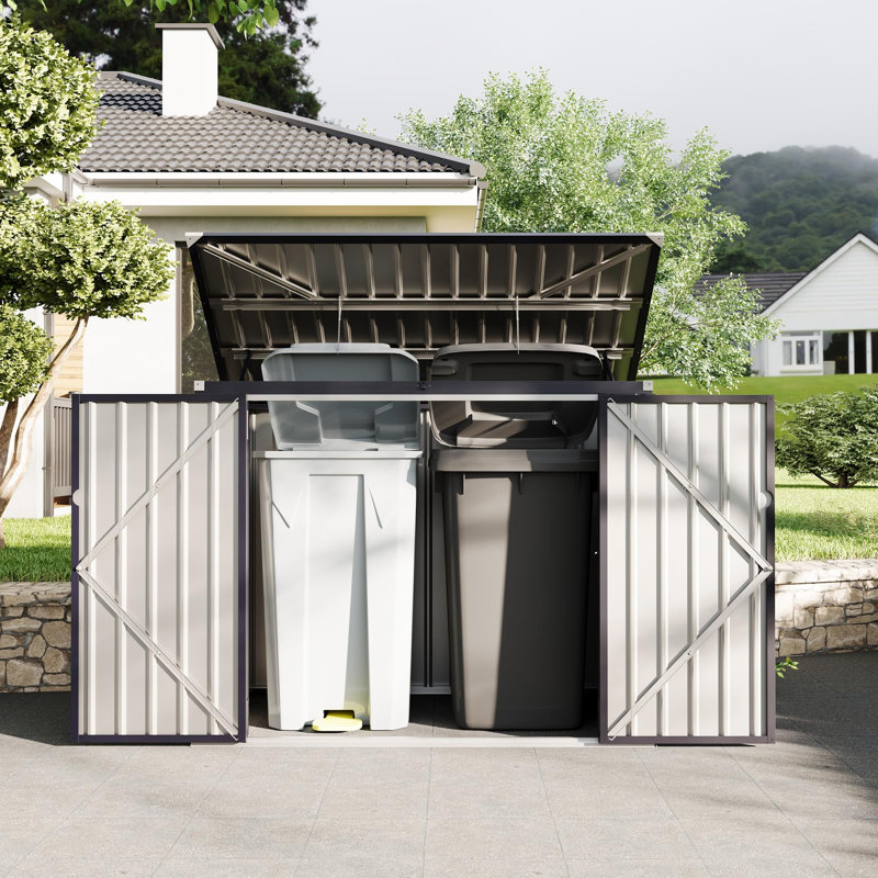 Lockable Metal Outdoor Trash Can Storage – 3x6 FT Waterproof Garbage Bin Enclosure for 2 Bins – Rust-Resistant Garden Shed with Sloped Roof & Chain Lid (Gray)