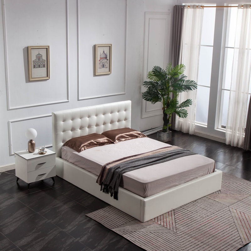 Lit plateforme tapissier capitonné avec rangement Baldriche, Très grand, Blanc