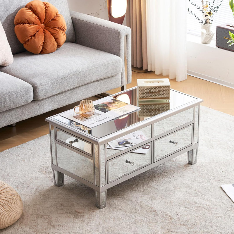 Table basse à plateau relevable en miroir avec tiroirs