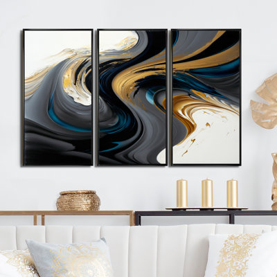 Doekes " Black, White And Gold Liquid Art IV " 3 - Pieces